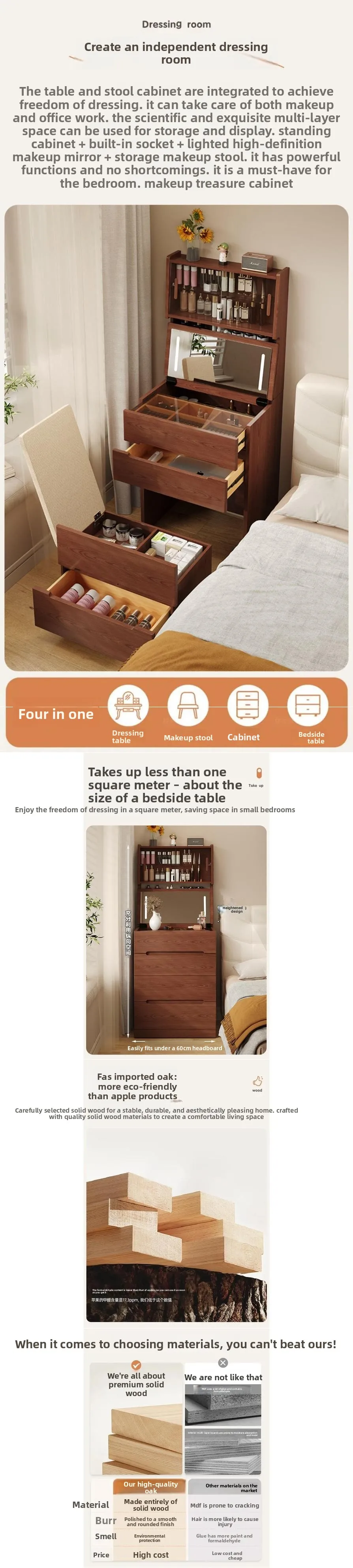 Solid wood dresser, bedroom, small cosmetic table, simple and modern small apartment, flip-top bedside table integrated