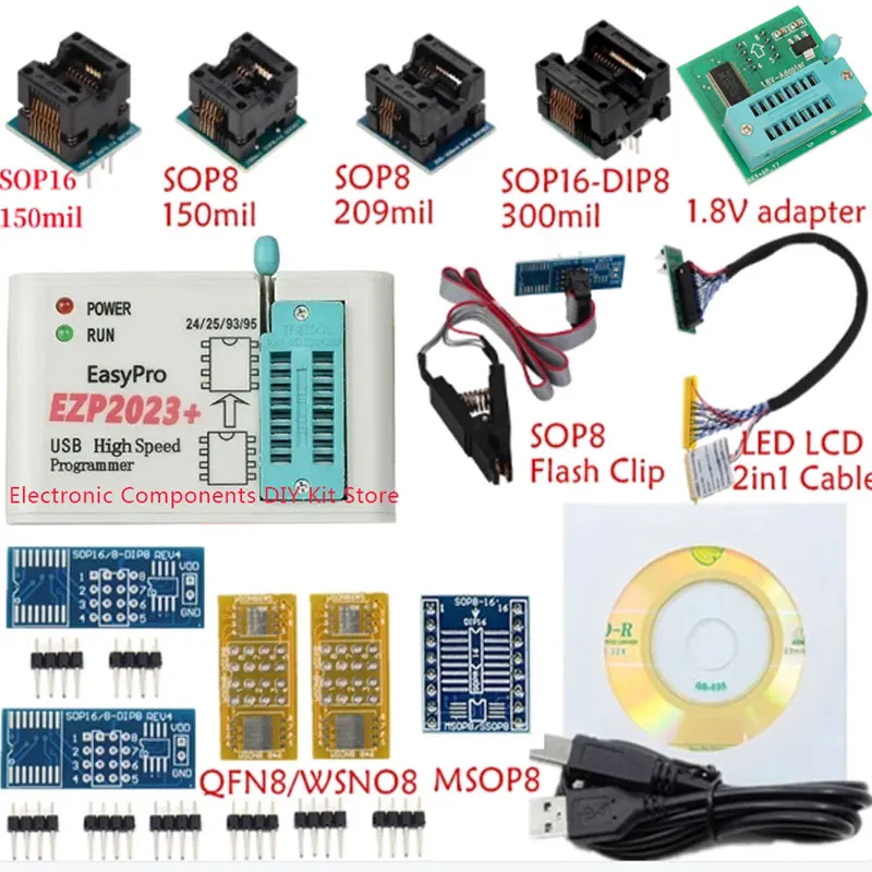 مبرمج USB SPI عالي السرعة EZP2023 + 12 محولًا يدعم 24 25 26 93 95 EEPROM 25 شريحة Flash Bios أفضل من EZP2019