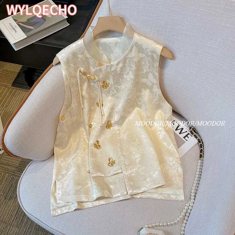 New Chinese Style Vest Top Women Casual Sleeveless Hanfu Clothes Vintage Embroider Waistcoats Outerwear Summer New Qipao Tops