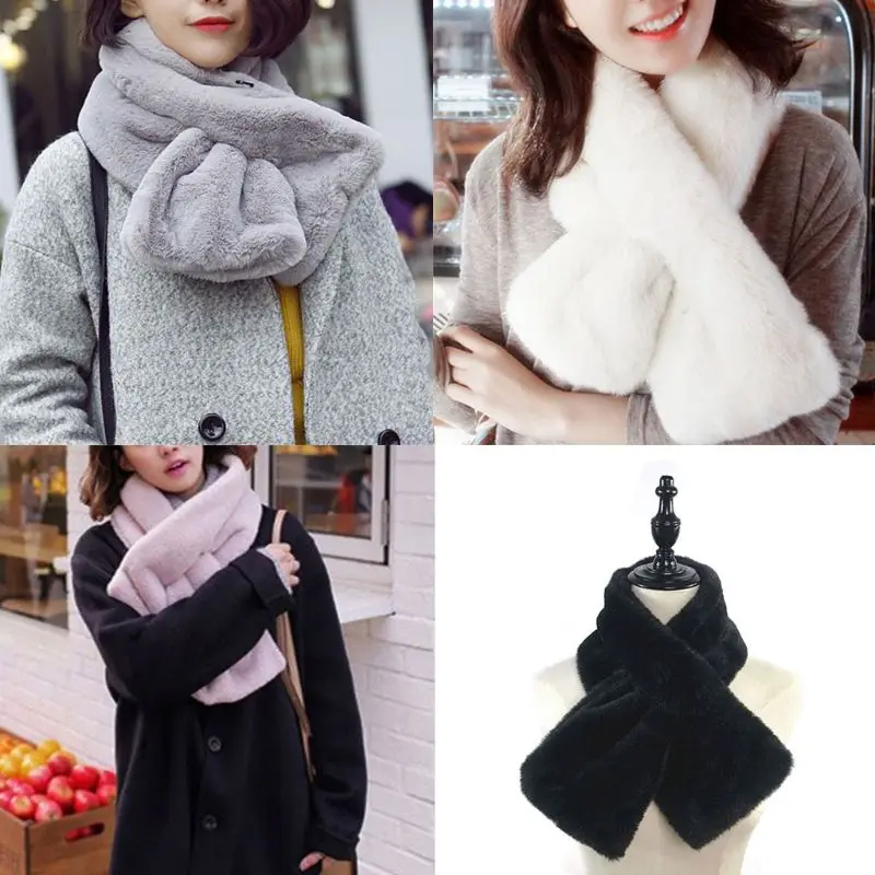 Winter Thick Faux Fur Warm Scarf Furry Pull Through Neck Warmer Plush Collar Cross Around Loophole Wrap Neckerchief