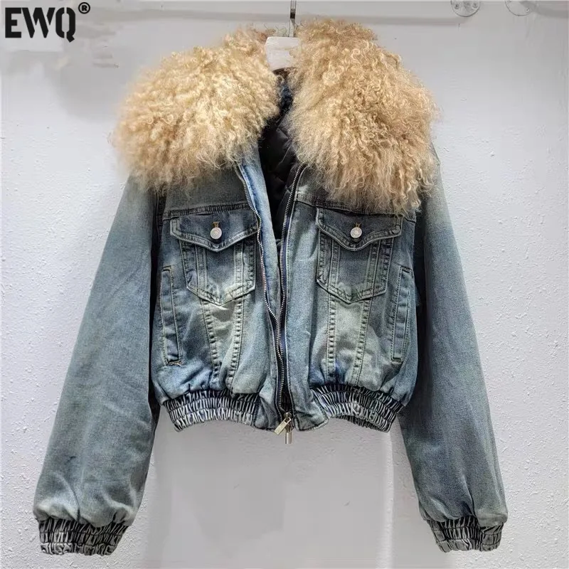 

[EWQ] Fashion Women's Fur Collar Denim Jackets Double Zipper Head High Waist Long Sleeve Thick Short Coat 2024 Winter Overcoats