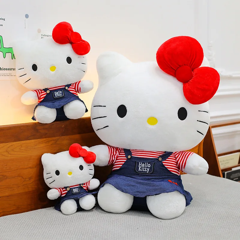 Kawaii Hello Kitty poupées en peluche dessin animé Cowboy jupe Sanrio peluche arc Kitty Animal sommeil oreiller cadeau pour enfants anniversaire noël