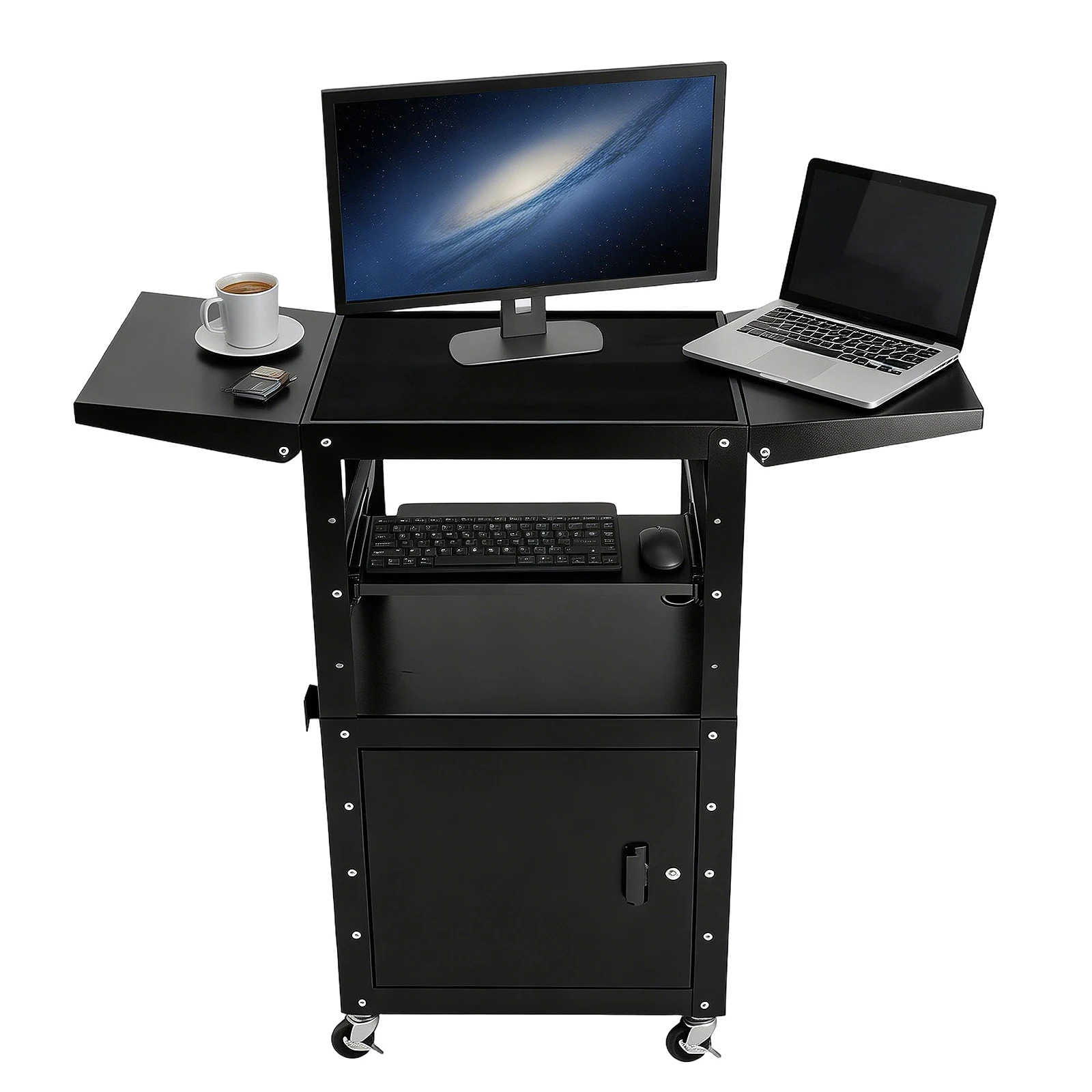 

Rolling AV Carts Cabinet with Locking Cabinet and Keyboard Tray Mobile Presentation Cart Height Adjustable 28-43inch 110lbs