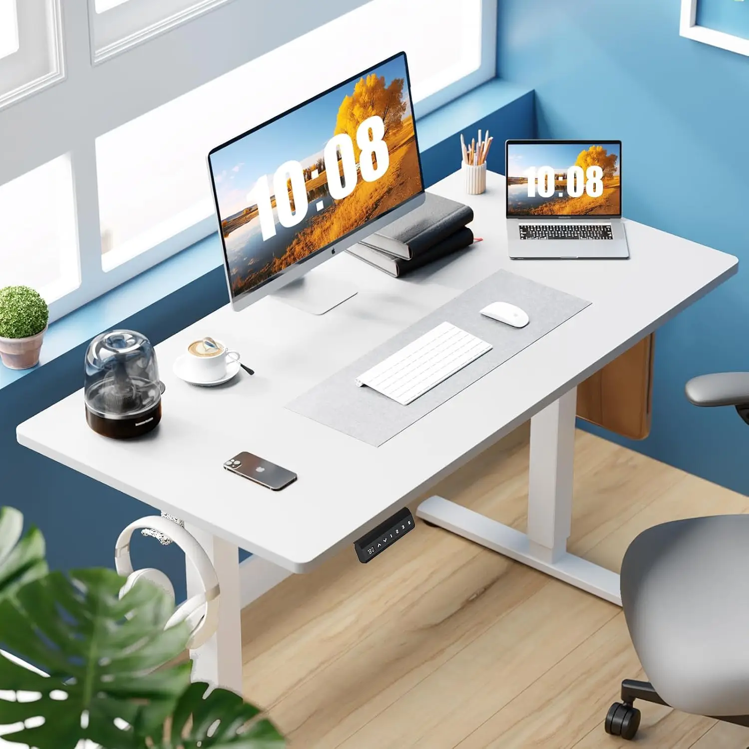 White Electric Standing Desk with Splice Wood Board and Metal Frame, 40X24 Inch, Sit Stand up for Home Office, 3 Memory Presets