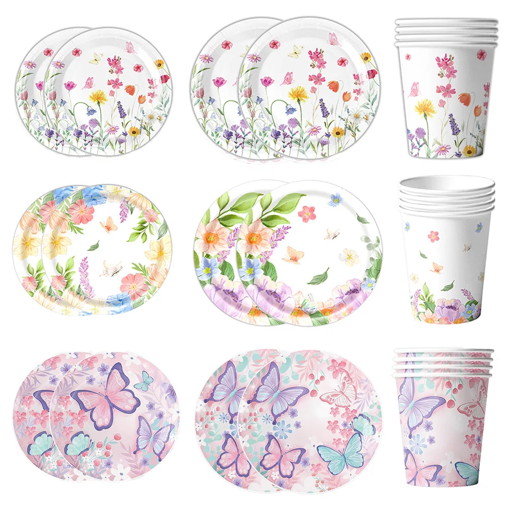 Platos de Papel con Diseño de Mariposas y Flores, 10/30/50 Piezas, Platos y Vasos Desechables para Jardín, Baby Shower, Bodas, Picnic, Fiestas de Cumpleaños
