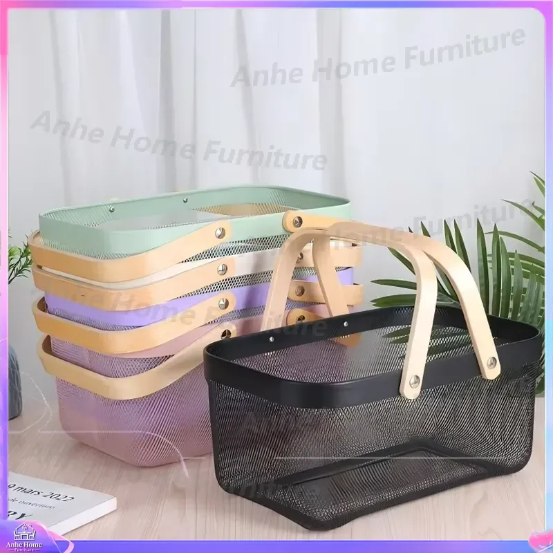 Eco Friendly Metal Mesh Rattan Storage Basket Large Capacity 18L Portable Fruit Vegetable Organizer with Handle for Kitchen