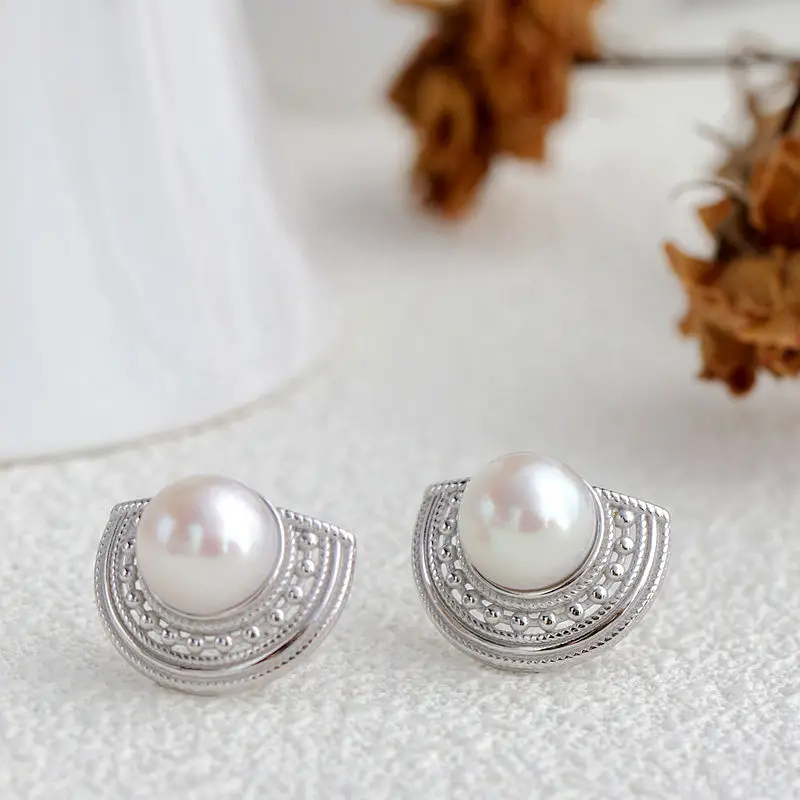 Authentic 925 Sterling Silver Earstuds Hollowed-Out Floral Pattern Inlaid Natural Pearl Semi-Circular Gentle Graceful Earring