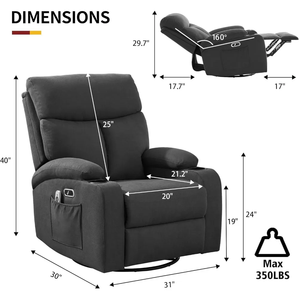 Power Swivel Rocker Recliner Massage Chair, Electric Rocking Glider Chairs, USB and Type-C Ports, Fabric Reclining Chair