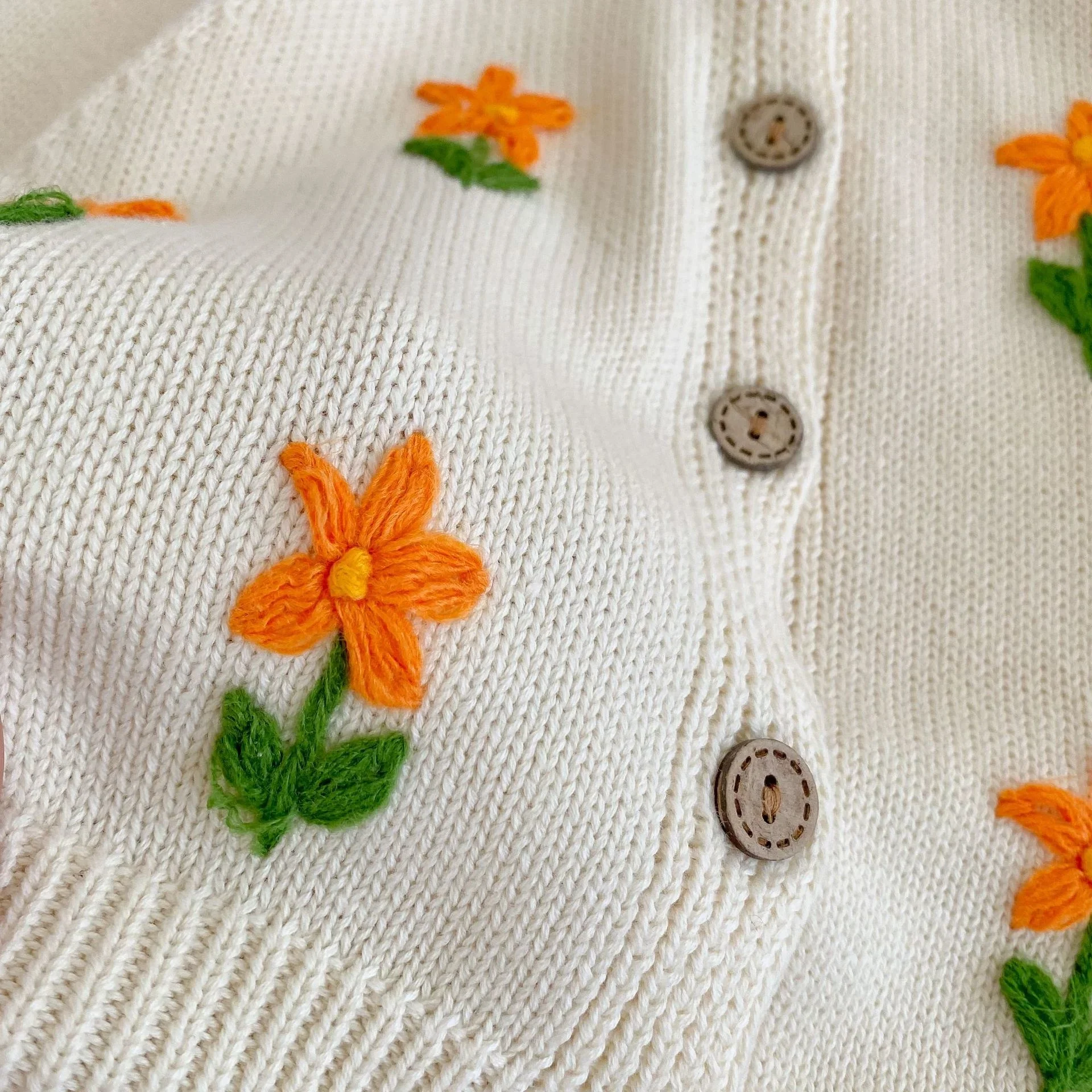 Flowers Knitted Handmade Baby Girls Sweater Coat Single-Breasted Long-Sleeved Toddler Outfit Tops 100% Organic Cotton 0-36Months