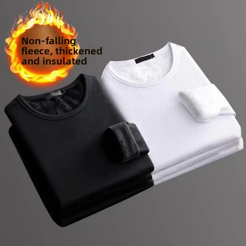 Men's Long Sleeve Thermal Underwear Fleece Lined Thick T-Shirt round Neck Slim Fit Base Shirt Pure Color Inner Wear Autumn Shirt