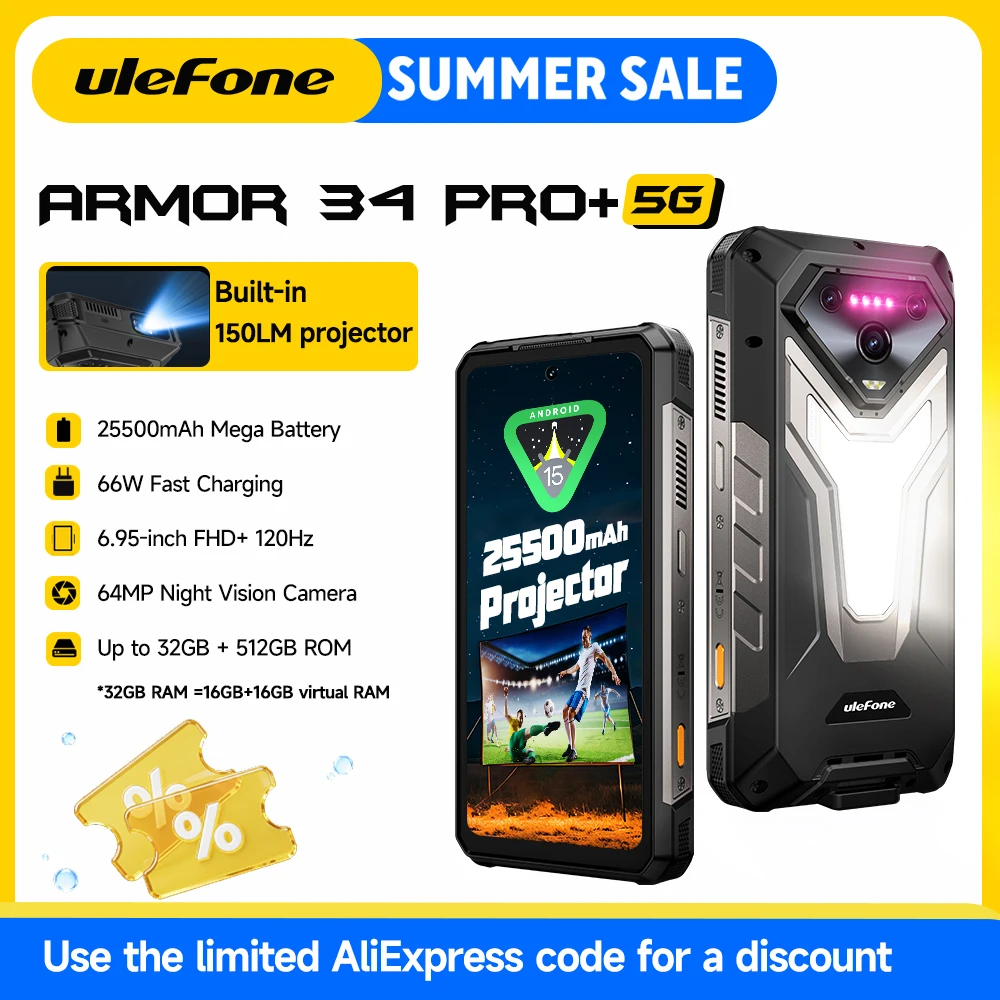 Ulefone Armor 34 Pro+ 5G Rugged Smartphone 16GB+512GB 25500mAh Built-in Projector 64MP Night Vision 6.95'' 120Hz NFC Android 15