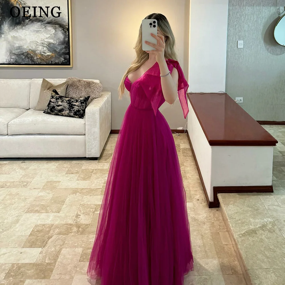 OEING Fuchsia Elegant Tulle Prom Gowns For Women Evening Dresses A-Line Sexy One Shoulder V Neck 2025 Formal Occasion Gala