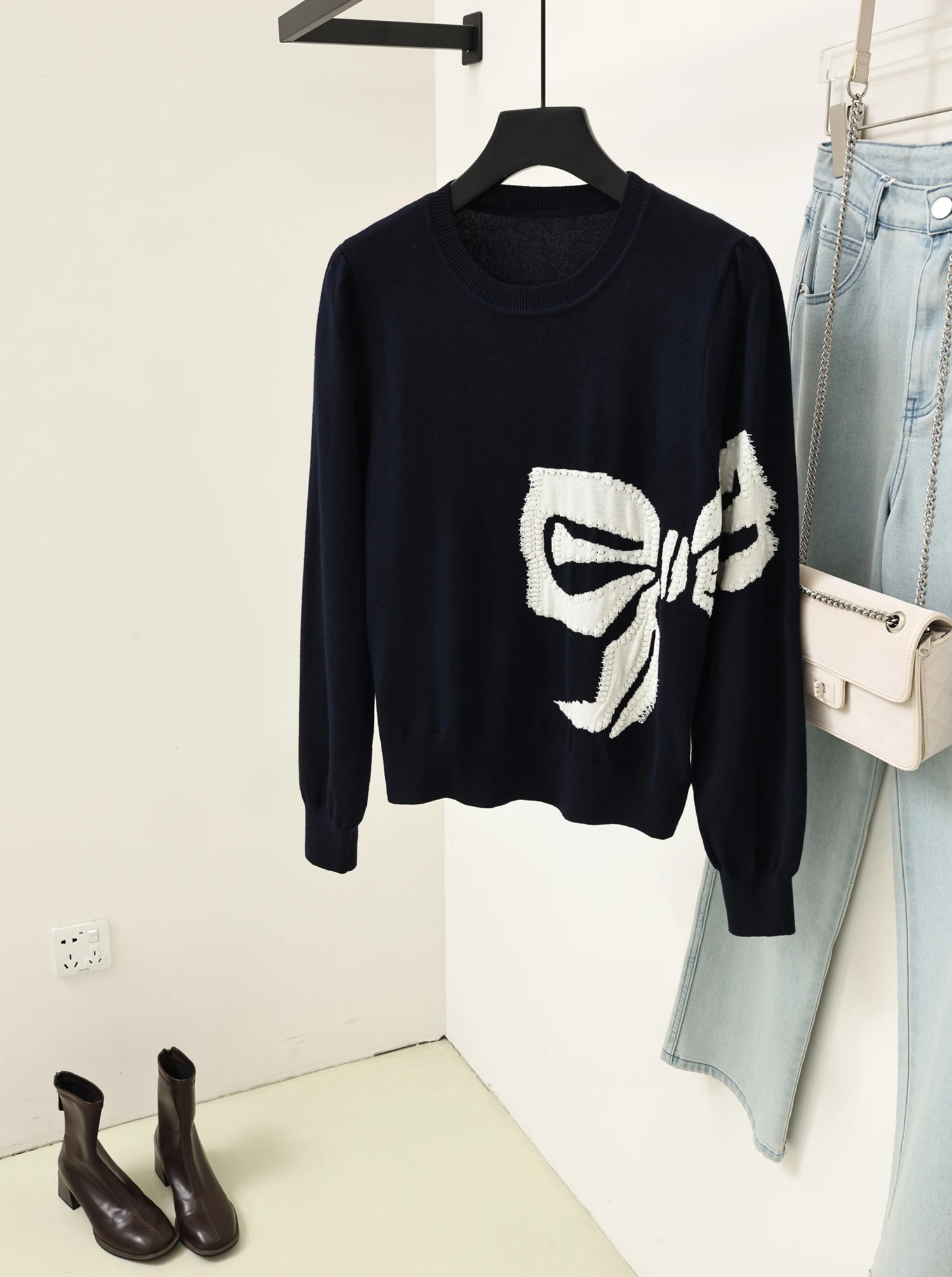 

Теплый шерстяной вязаный свитер для женщин, базовый слой, с вышивкой, для повседневной носки, с длинным рукавом, круглый вырез, трикотаж