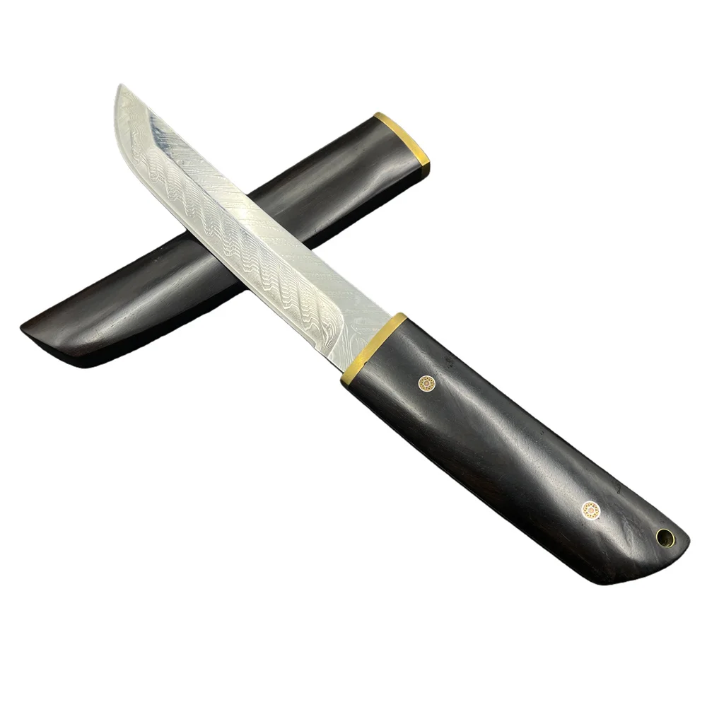 Damascus Blade Ebony Handles Tactical Hunting Knives, Camping Survival Tools, Portable Fruit Knives Everyday Carry with Gift Box