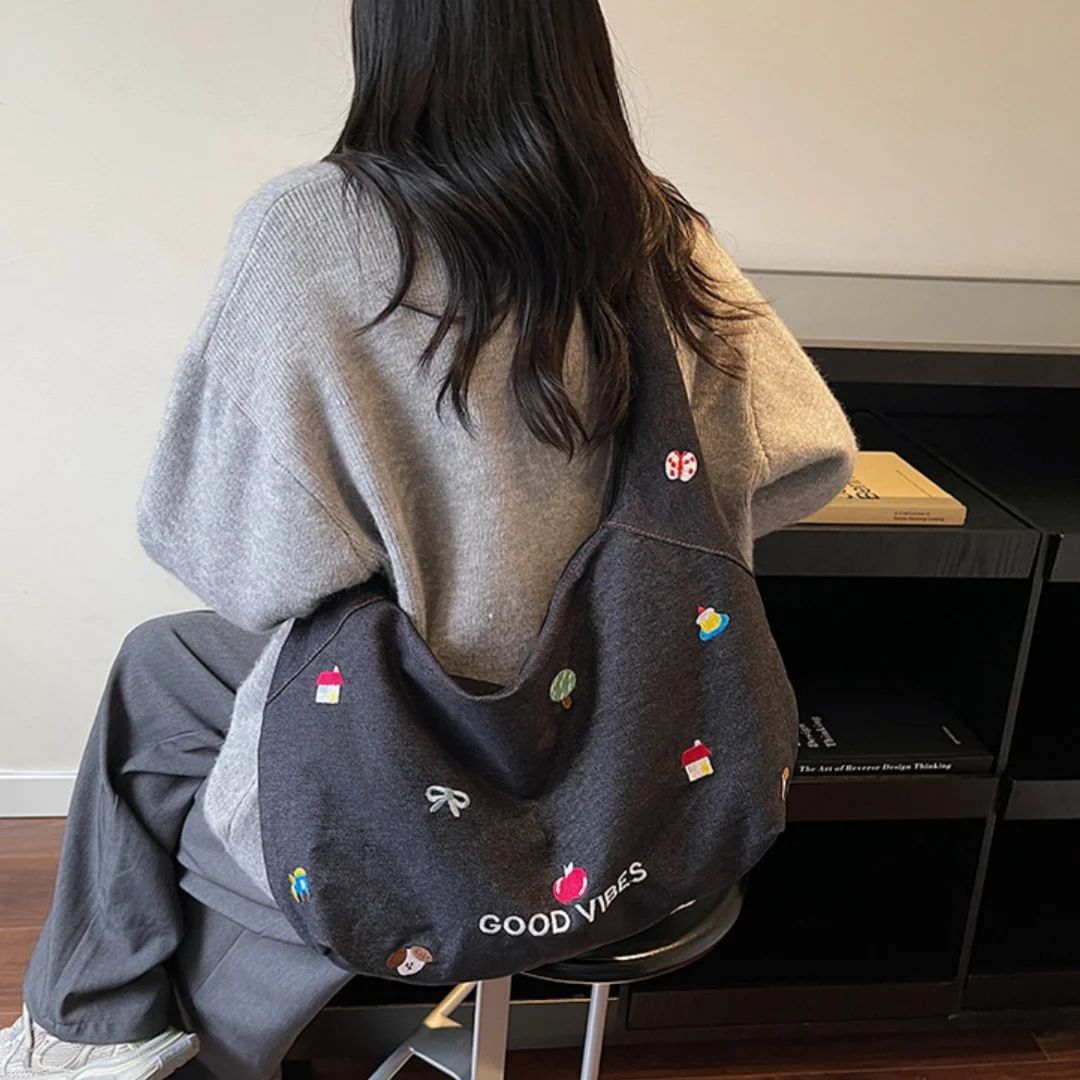 Embroidered Denim Hobo Bag Cute Cartoon Patchwork Slouchy Shoulder Tote with Zipper for College Student Commute Travel Use