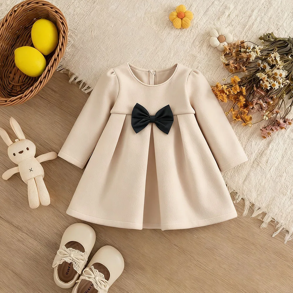 Baby Girl Clothing Fall/Winter Solid-Color Bow-Trim Woolen Girls Coat Cute And Warm Baby Outerwear