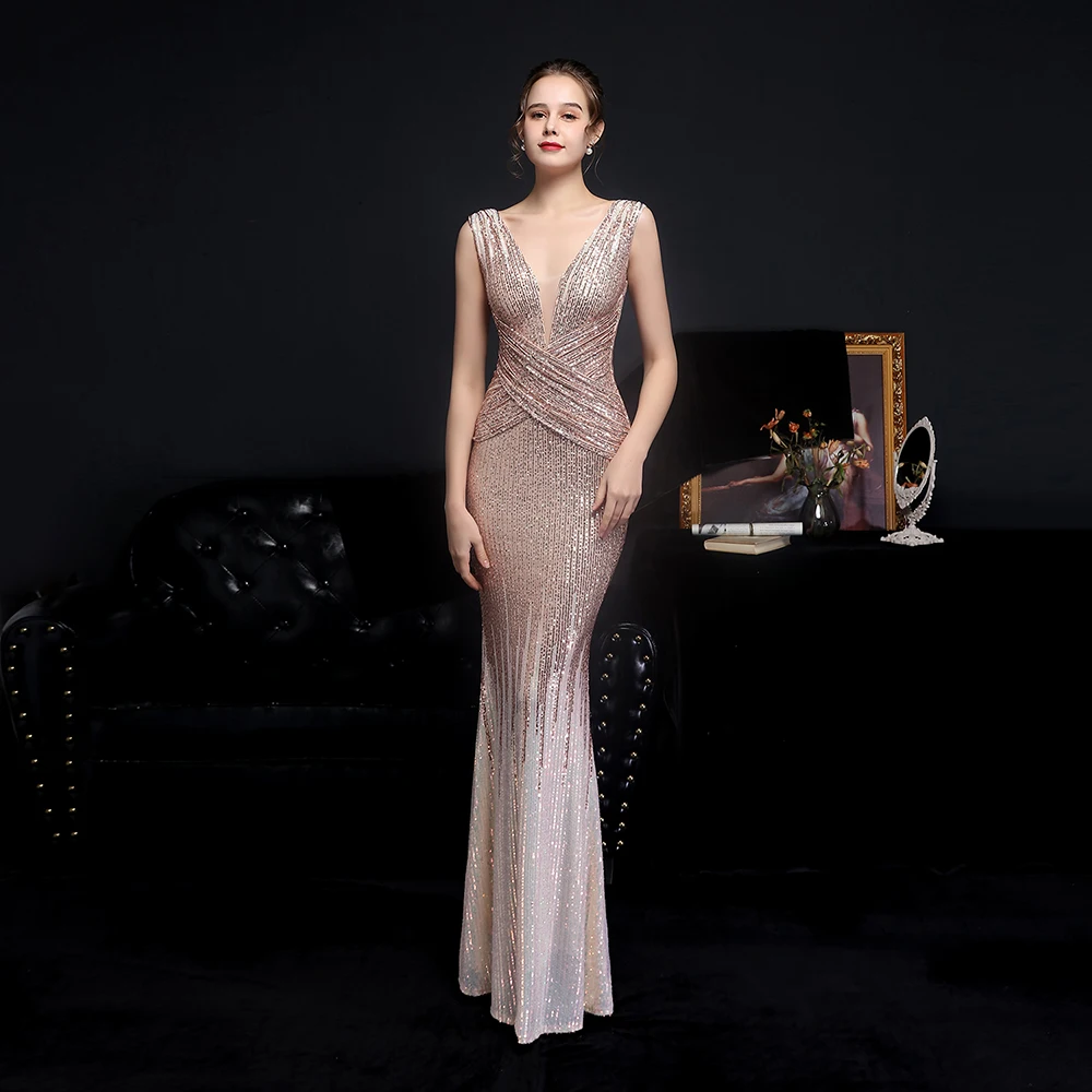 Ärmellose Ballkleider mit V-Ausschnitt und Perlen, glitzerndes langes Kleid, exquisite, hochwertige Abendparty-Kleider für Frauen, individuell gestaltet