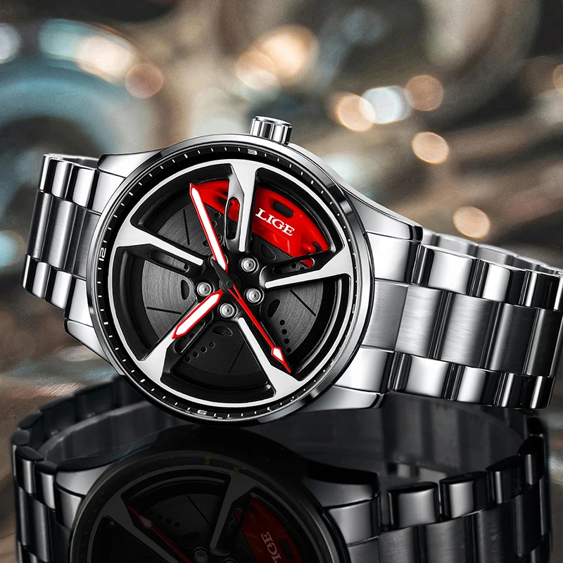 LIGE Creative Wheel Design Watch Men Fashion Sport Car Rim Waterproof Watches For Men Top Brand Luxury Luminous Quartz Men Watch
