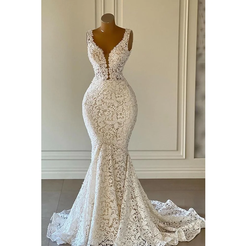 Moda branco vestidos de casamento elegante rendas apliques com decote em v vestidos de sereia chique simples sem mangas varredura trem vestidos de noiva