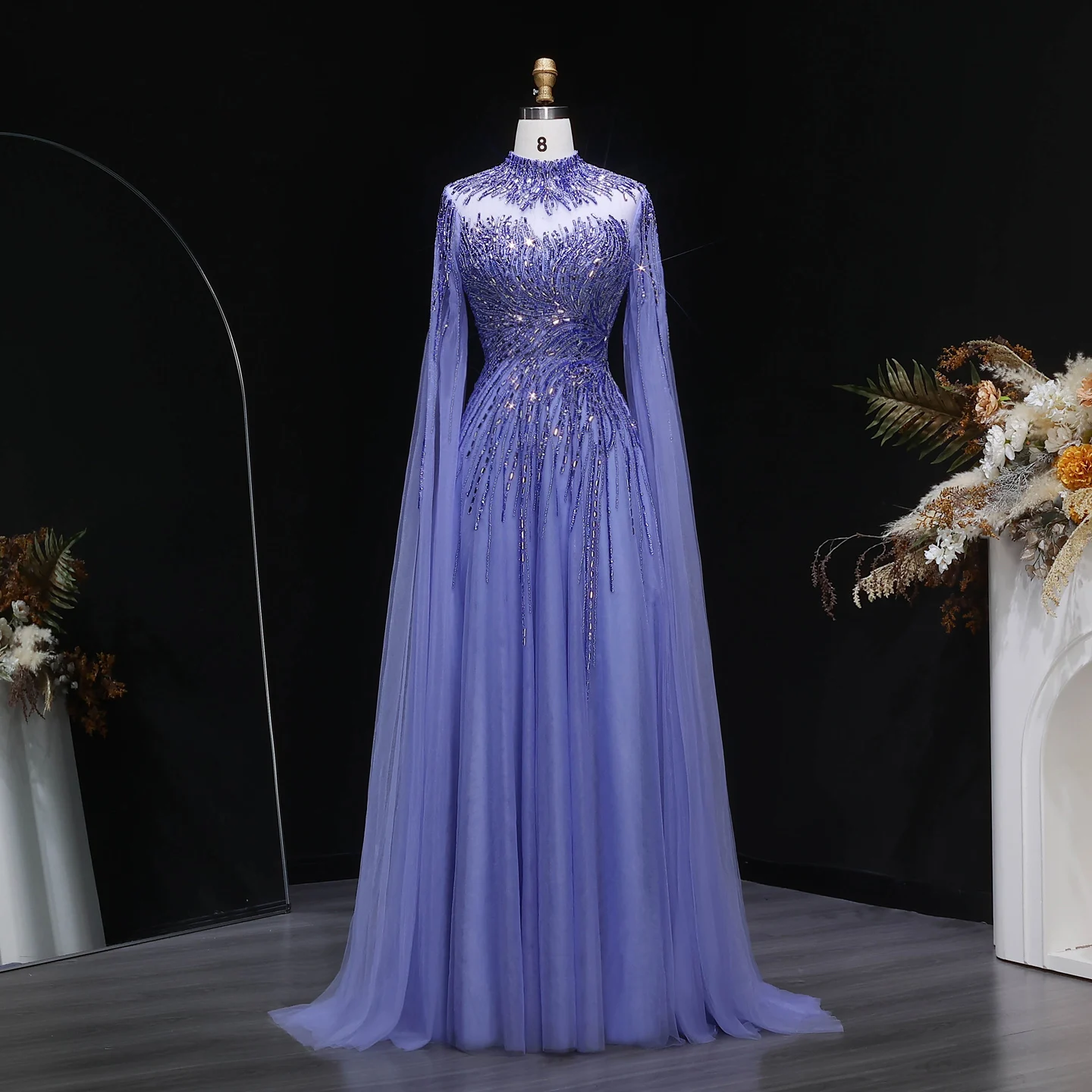 Sharon Said Elegantes Luxuriöses Perlenbesetztes Abendkleid mit Hohem Kragen, Cape-Ärmeln, Tüll-Ballkleid, Partykleid für Damen SS134 Maßanfertigung – Detail 4