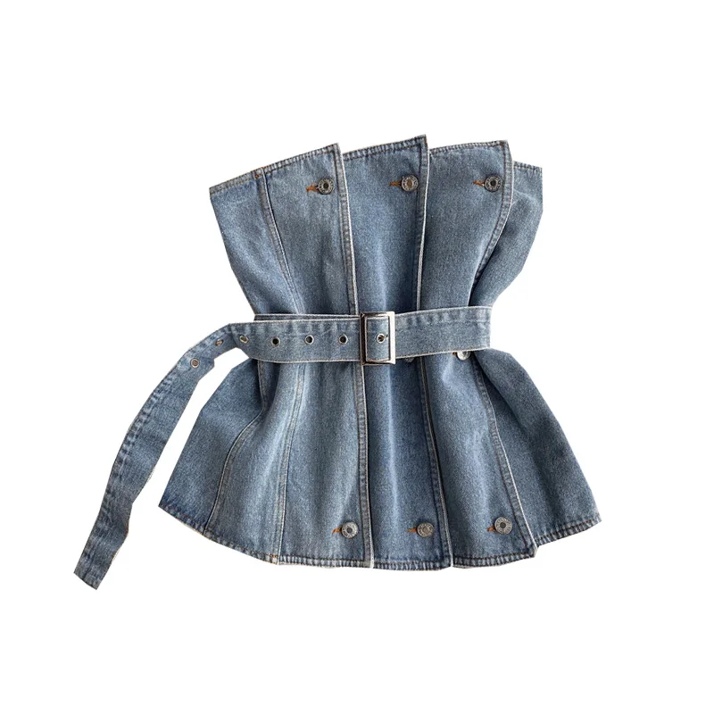 Fashion Strapless Denim Tops Summer Off Shoulder Women Short Vest With Belt Female Jean Tank Streetwear