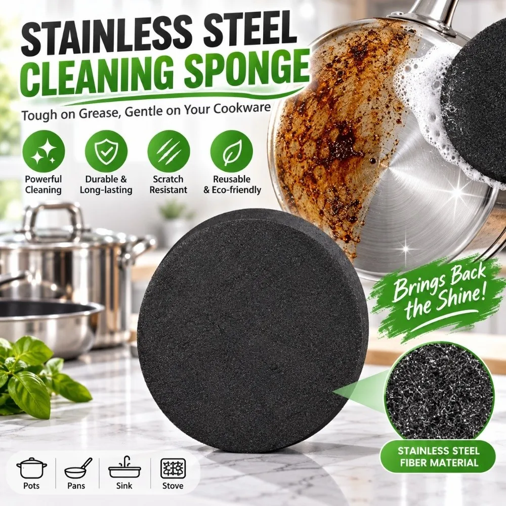Sponge Sand Cleaning Sponge Black Reusable Stainless Steel Sponge Multi Purpose Round Shape Kitchen Sponge Kitchen Utensils