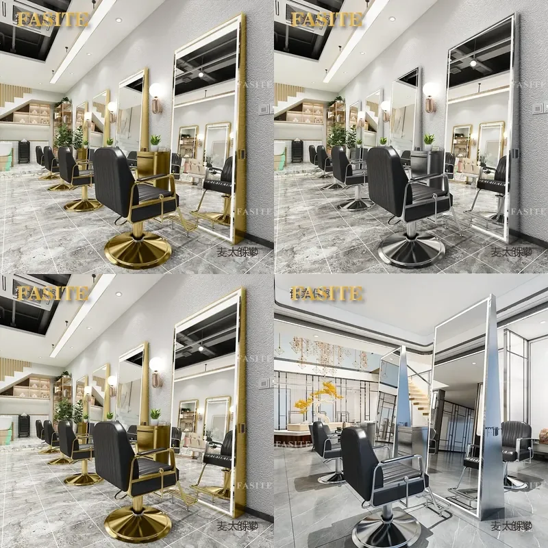 For Hair Barber Shop Floor Standing Mirror Table with LED Light Single Double Sided Wall Mounted Vanity Furniture