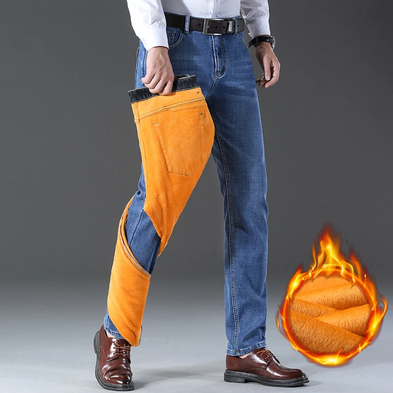 Winter Men's Fleece Business Casual Jeans, Fashionable Velvet Thickened Warm Straight Leg Casual Pants Brand Men's Pants