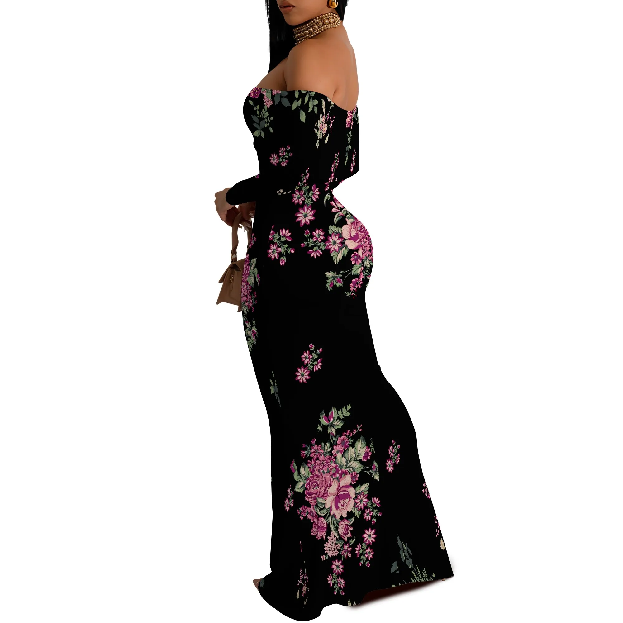 Off Shoulder Boho Floral Print Long Sleeve Bodycon Maxi Dress for Women Ethnic Style Vacation Look