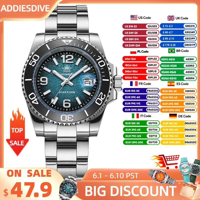 ADDIESDIVE 2025 New Men's Watch Diving 41mm Quartz Wristwatch 200m Waterproof Ceramic Bezel Super Luminous Swim Watch