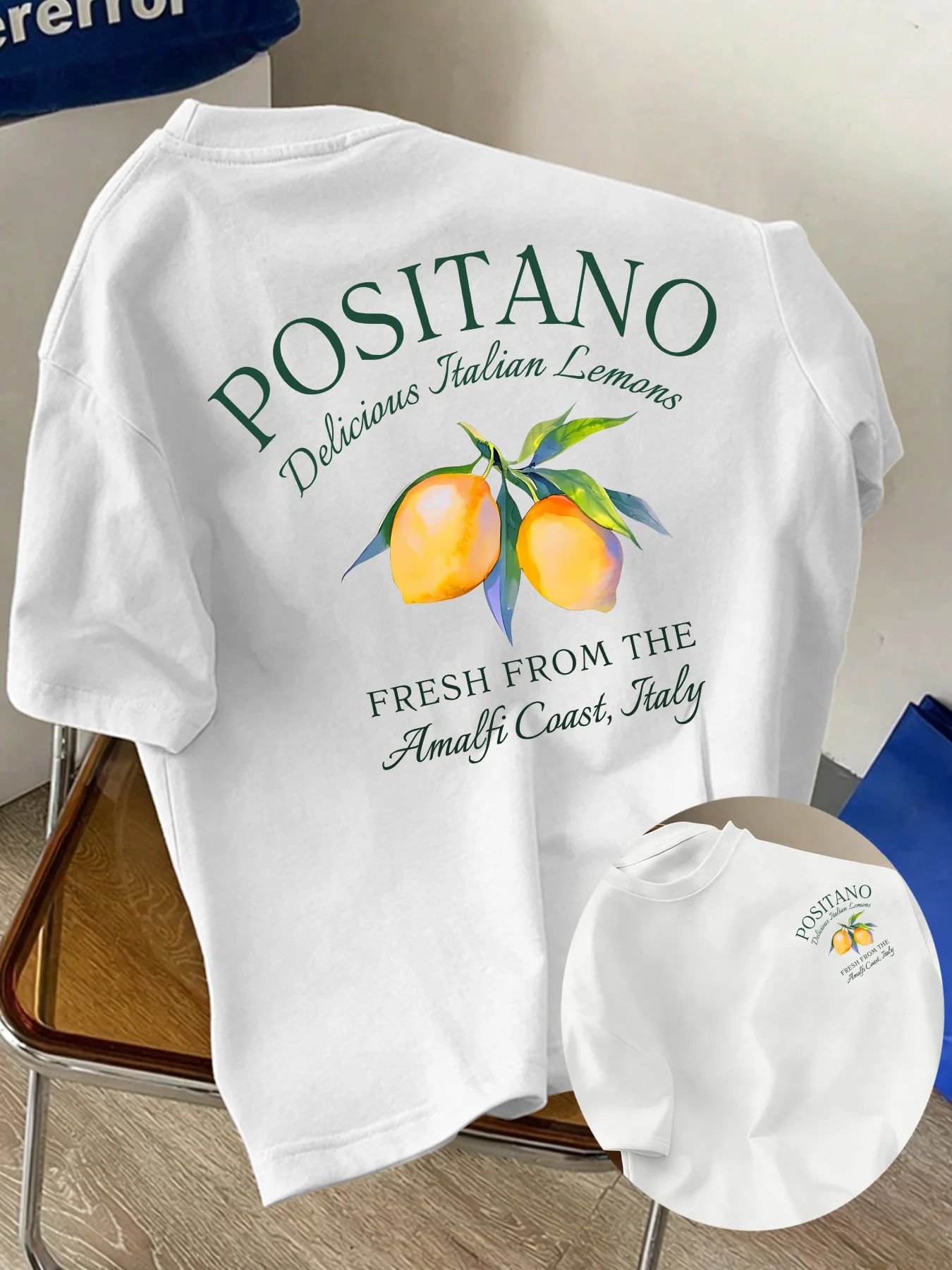 Herren-T-Shirt aus Baumwolle, atmungsaktiv, kurzärmelig, für den Sommer, Positano, italienische Amalfi-Küste, bedruckt, modisch, lässig, Rundhalsausschnitt, kurze Ärmel – Detail 5