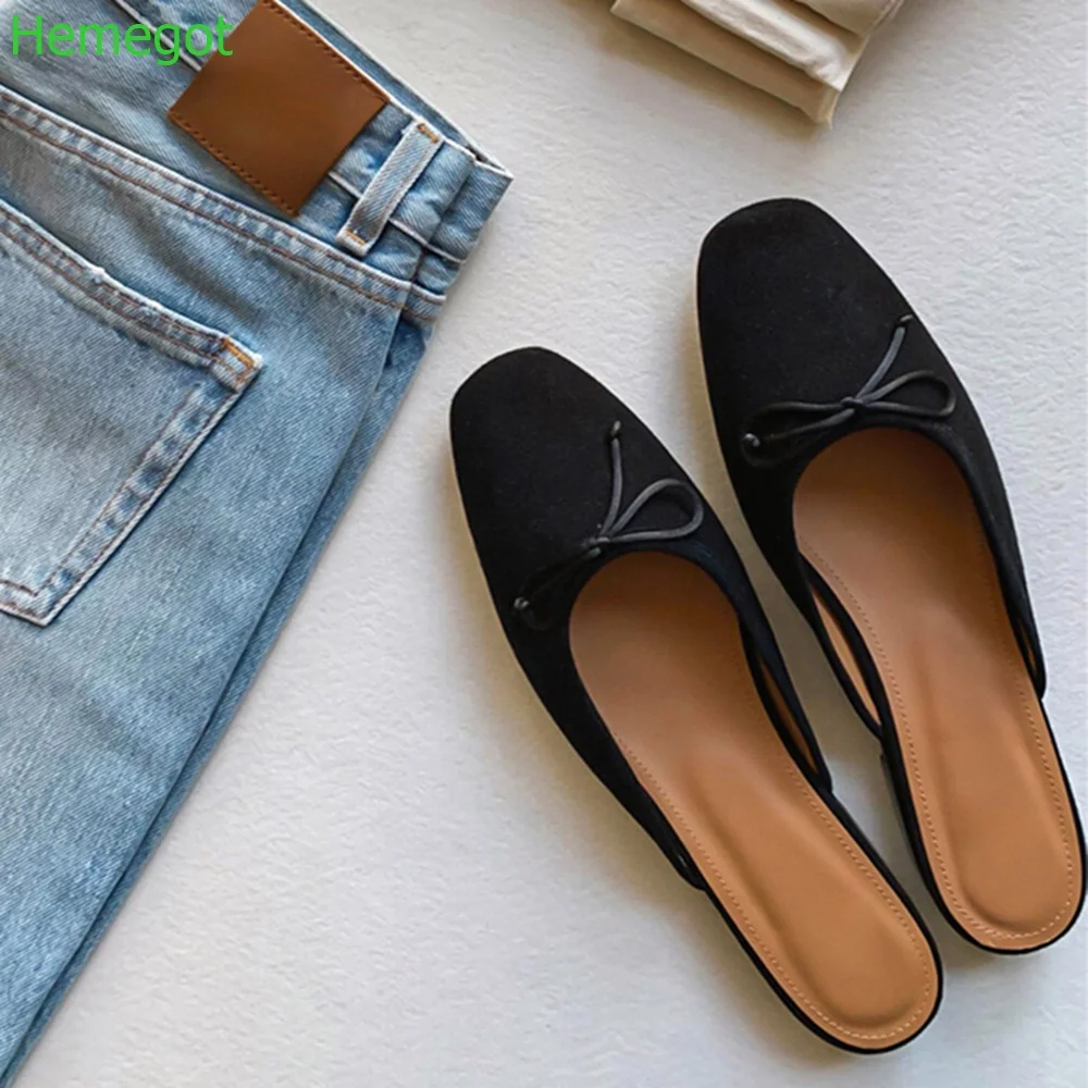 Genuine Leather Square Toe Ladies Slippers Black Butterfly Knot Covered Toe Shoes Fashion Suede Flat Women Slippers