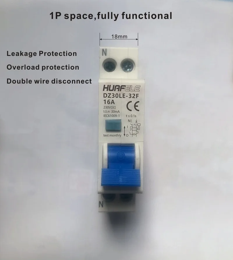 18MM 230V 50/60Hz RCBO 1P+N 4.5KA Residual current differential automatic Circuit breaker with over current Leakage protection