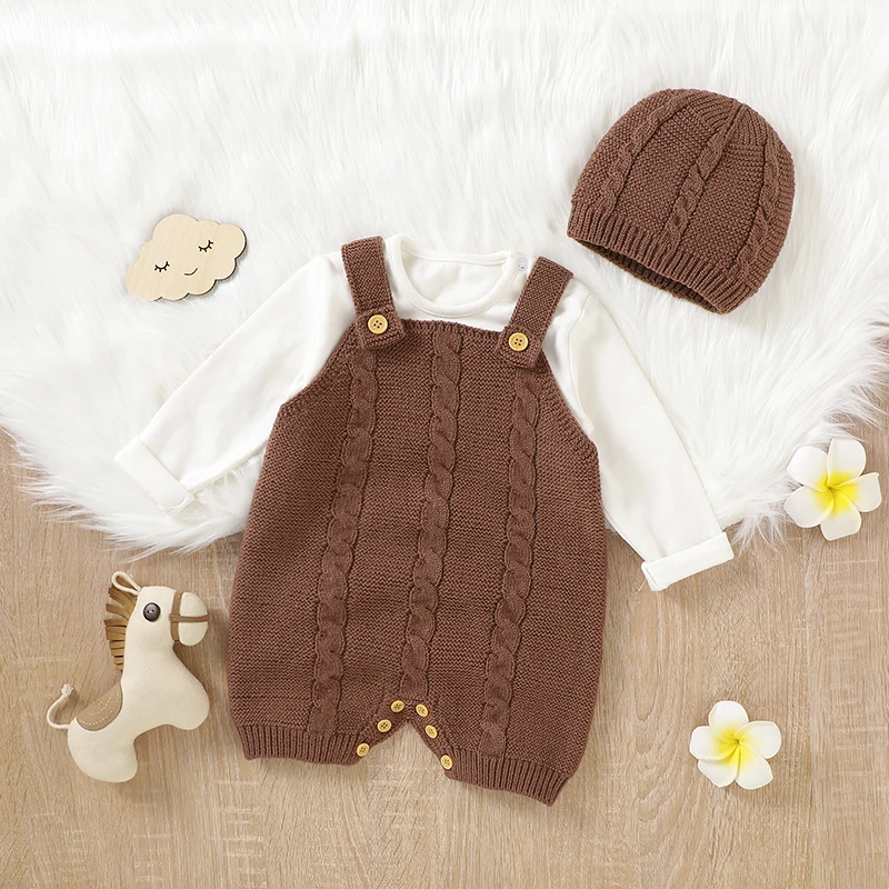 Newborn Baby Romper Knitted Boy Playsuit Toddler Kid Clothing Hat 0-18M Jumpsuit Outfit Solid Fall Infant Girl Onesie Sleeveless