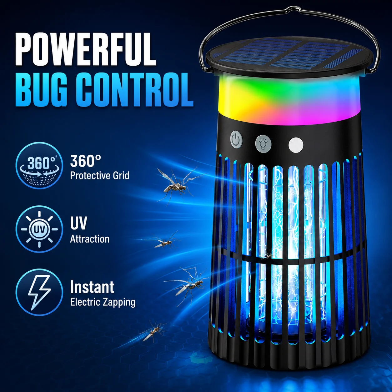 Solarbetriebener Insektenvernichter für den Außenbereich, Ausgestattet mit RGB-Lichtern, Tragbar für Innen- und Außenbereich, Geeignet für Hof, Camping, Schlafzimmer