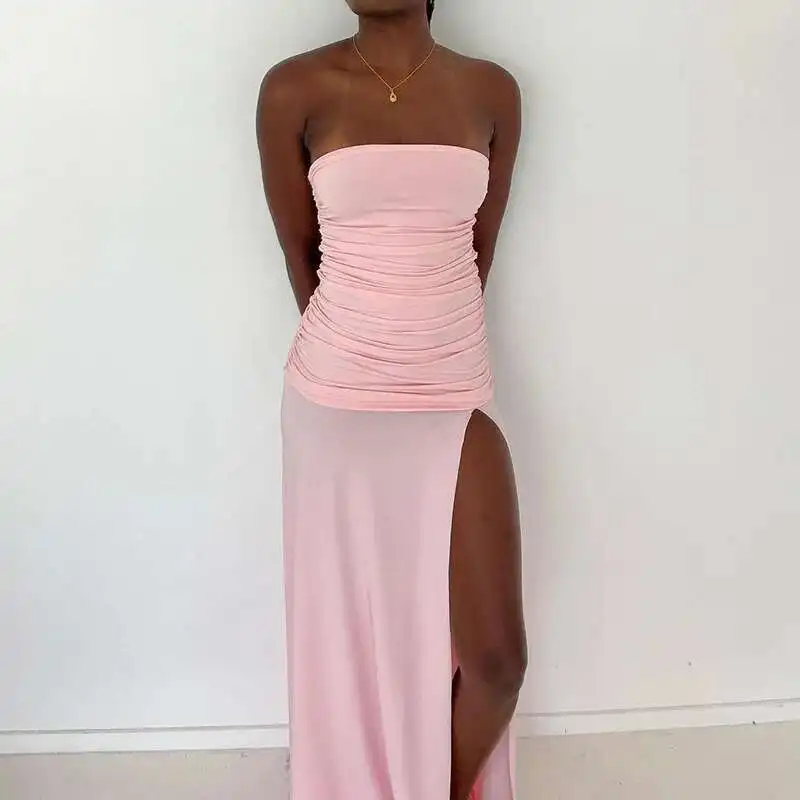 

Tiktok Xy25050 Hot Selling Pleated Strapless Dress for Women's Summer New Solid Color Slit Long Dress Robe Vestido Women Elegant