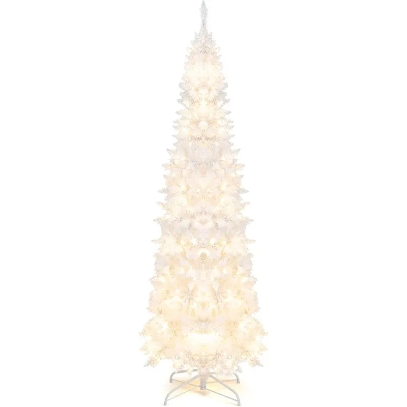 2025  7ft White Pre-Lit Pencil Christmas Tree,   8 Lighting Modes, Xmas Tree for Indoor Home Office Party Holiday Decor