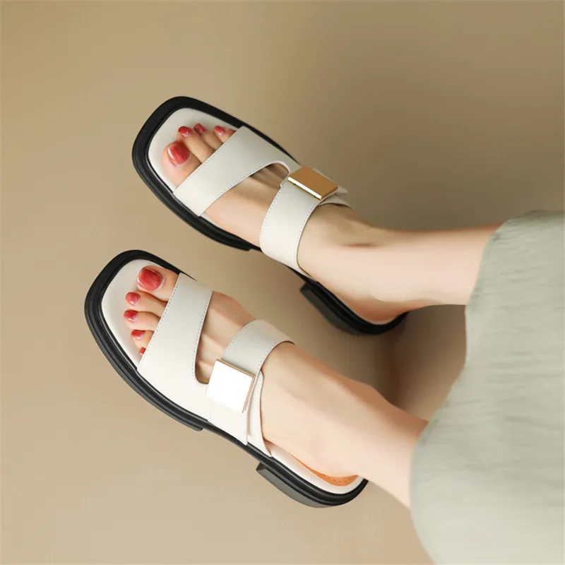 New Split Leather Summer Slippers Women 2024 Square Toe Chunky Heel Sandals Open Toe Shoes for Women Handmade Slippers Women