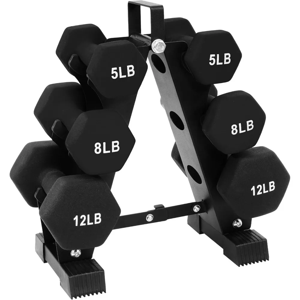 

Multi-Color or Black Neoprene Coated Hexagon Dumbbell Set with Stand, Multiple Sizes Freight free