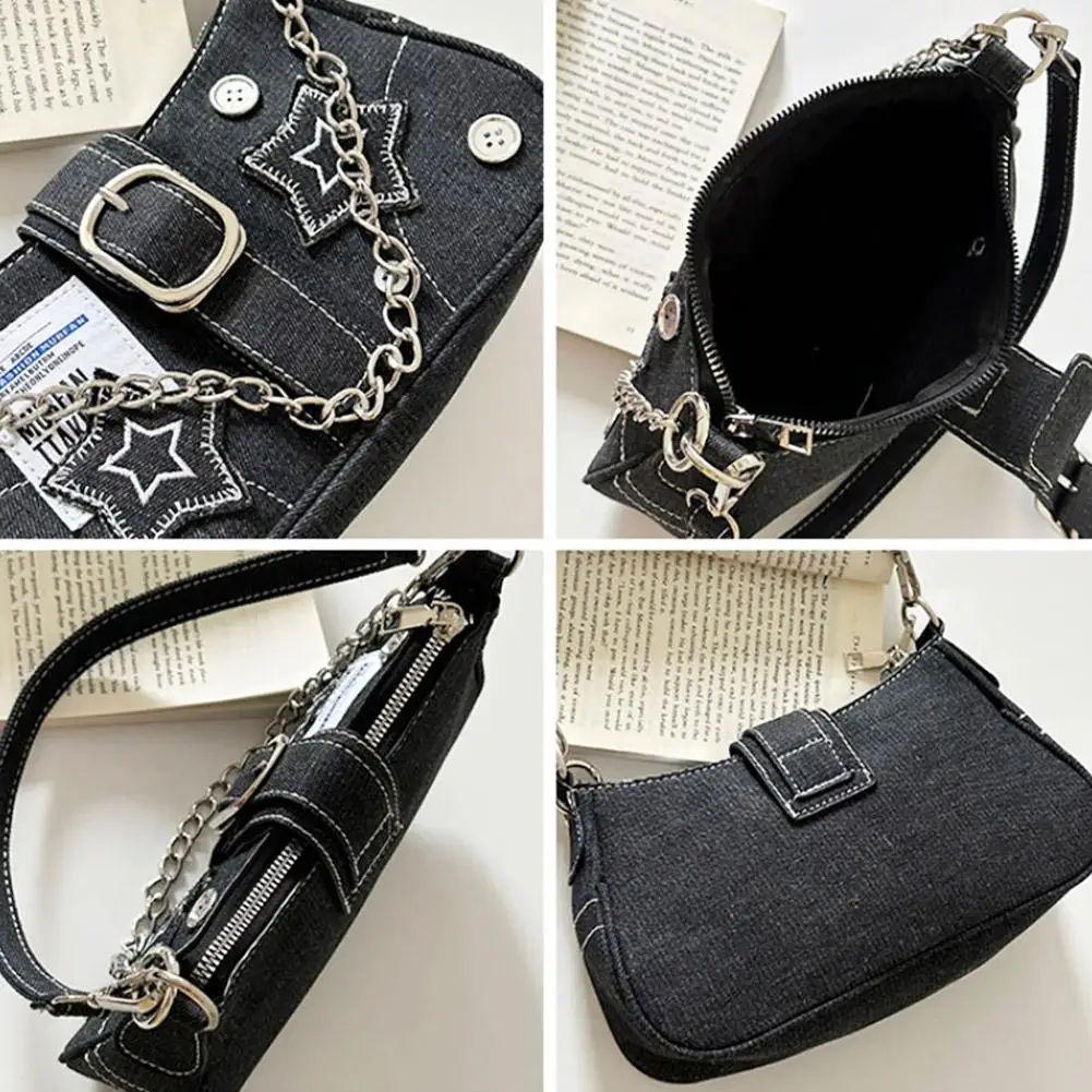 Y2k Fashion Women's Handbags Stars Pattern Cool Girls Underarm Bag Vintage Canvas Female Small Shoulder Bags Chain Tote Purses view 6