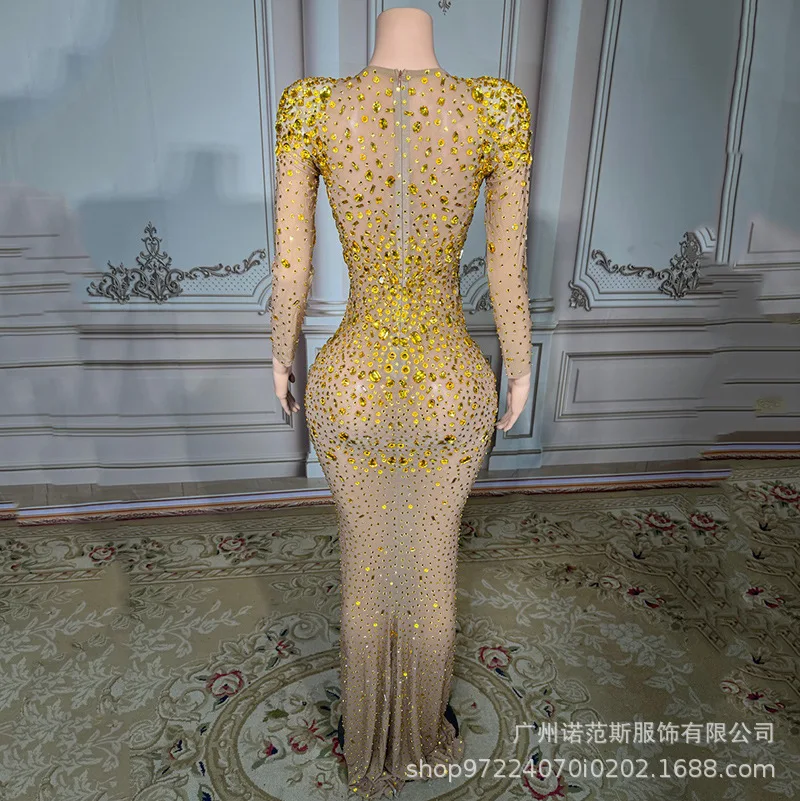 Luxo ouro diamante sexy malha temperamento vestido adulto modelo passarela roupas da moda empresa reunião anual vestido de noite vestito
