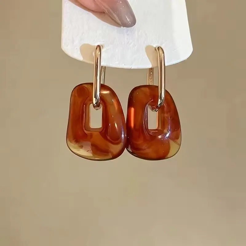 Vintage Hollow Geometric Hoop Earrings For Women Fashion Brown Acrylic Irregular Exquisite Earrings Daily Wear Jewelry
