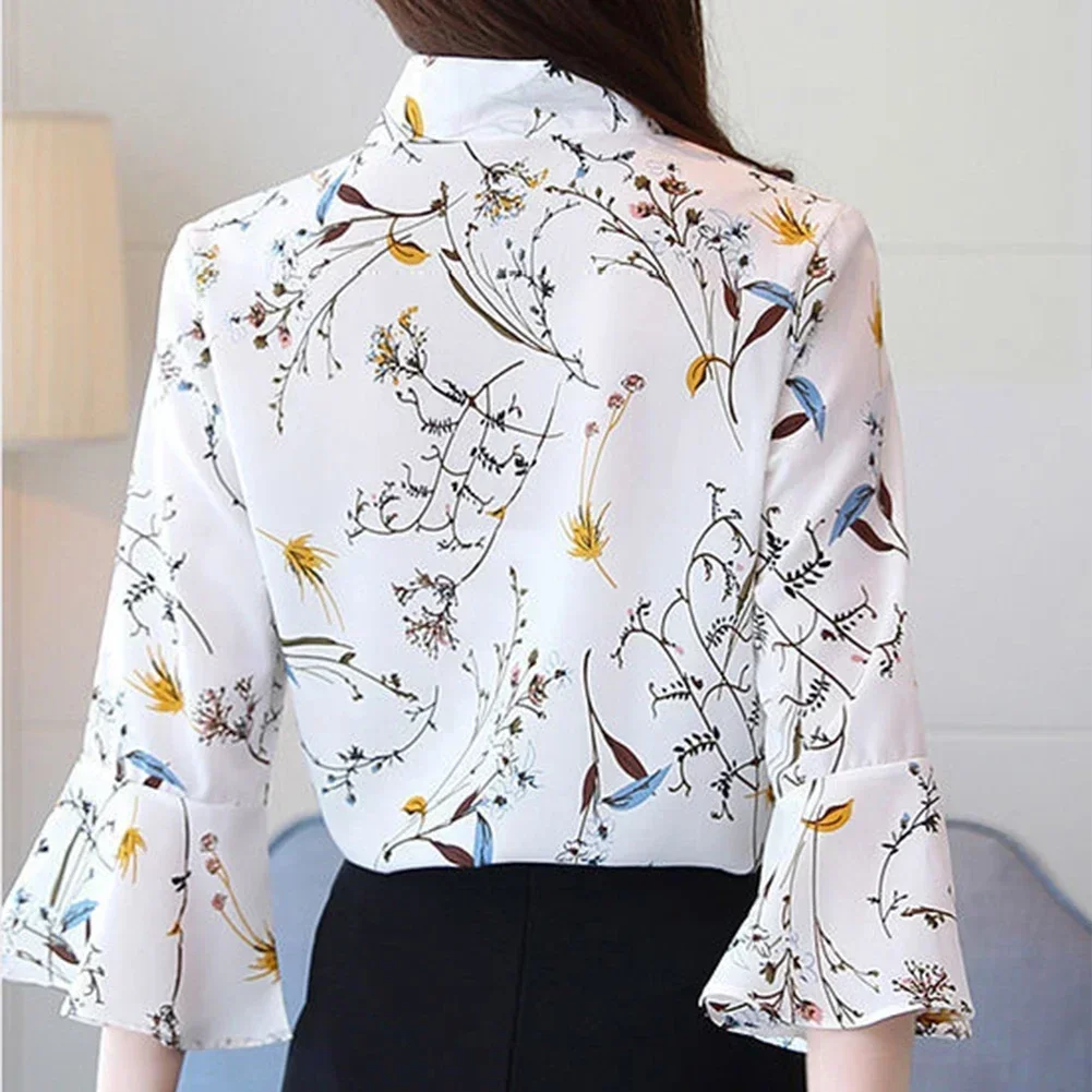 Legant Chiffon Blouse Women Office Long Sleeve Printing Women\'s Shirt With Bow Loose V Neck Floral Clothing Tops