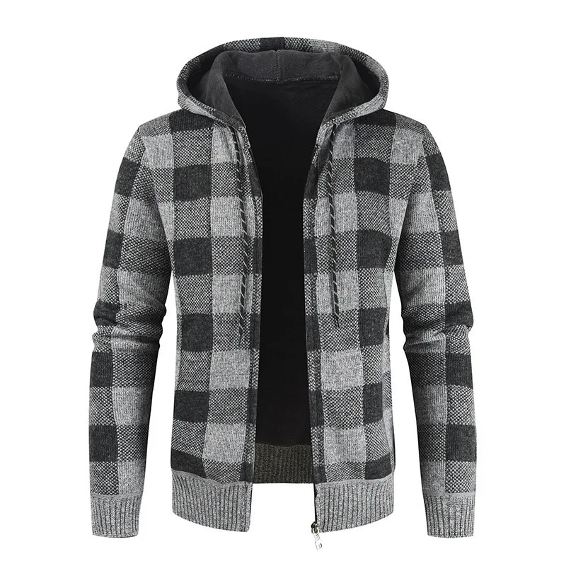 

2024 Winter New Men's Plush and Thickened Cardigan Sweater Hooded Casual Plaid Knitted Jacket for Foreign Trade