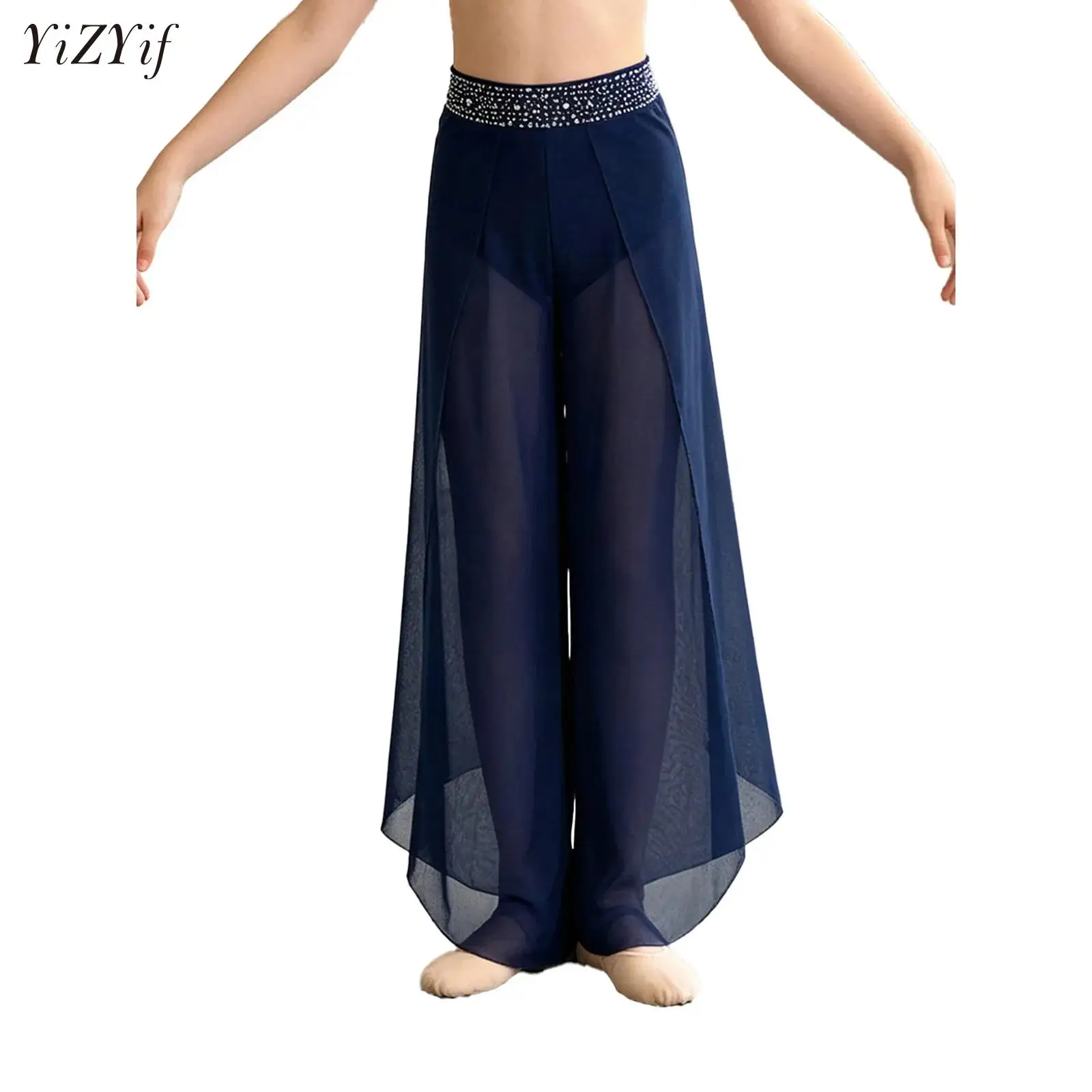

Mesh Modern Dance Pants for Girls Kids Dance Outfit Ballet Contemporary Lyrical Long Wide Leg Dance Performance Trousers Clothes