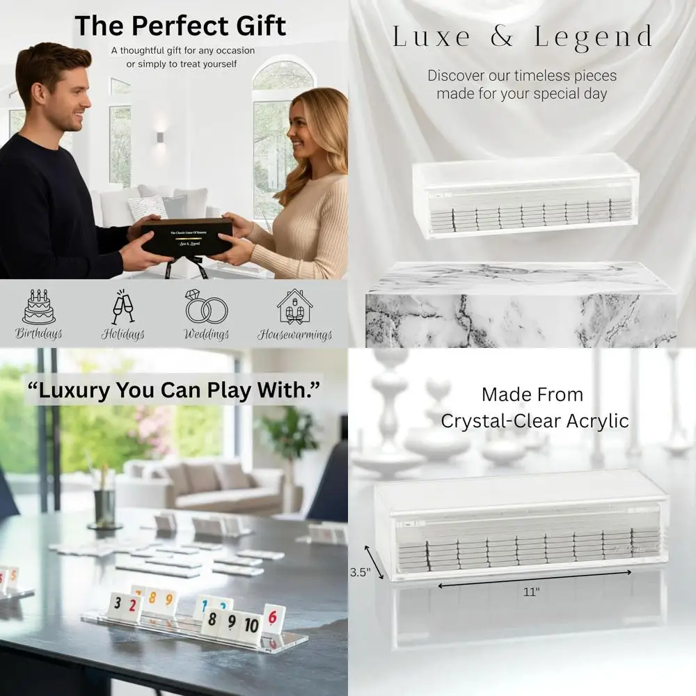 

Elegant White Rummy Tile Set with Engraved Tiles, Acrylic Racks, and Premium Storage Box - Modern Luxury Board Game for Families