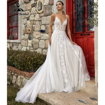 A Line Boho Plunging Bohemian Lace V Neck Wedding Dress Women 2025 Robe Mariee Bridal Gown Backless Spaghetti Straps Customized 