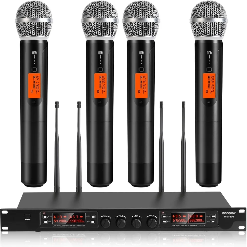 Quad UHF Cordless Mic Set,Groups Metal Handheld Dynamic, Auto Scan, Long Range 200-300Ft,16 Hours Use for Church,Singing Bands