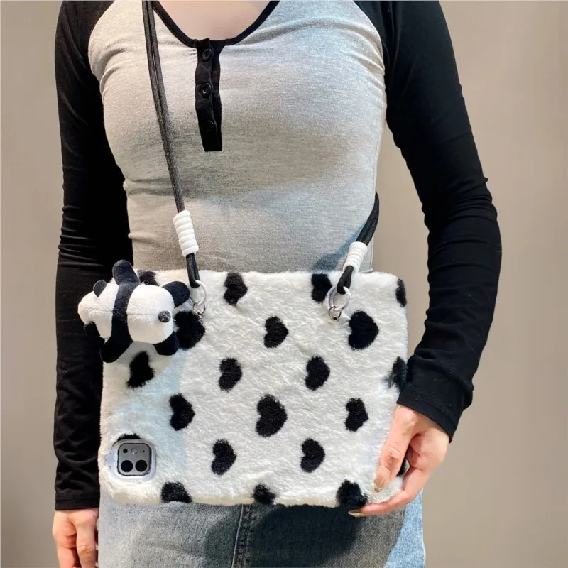 3D Panda Plush Furry Love Heart with Crossbody Lanyard Tablet Case for Lenovo Pad Pro 12.7in Soft Shockproof Protective Cover