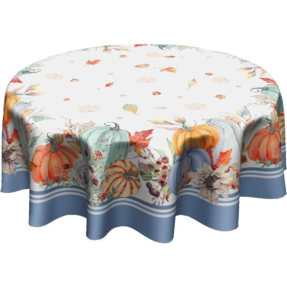 Blue Pumpkin Fall/Autumn Tablecloth Fall Leaf Round Tablecloth 60 Inch Thanksgiving Harvest Table Cloth For Farmhouse Kitchen
